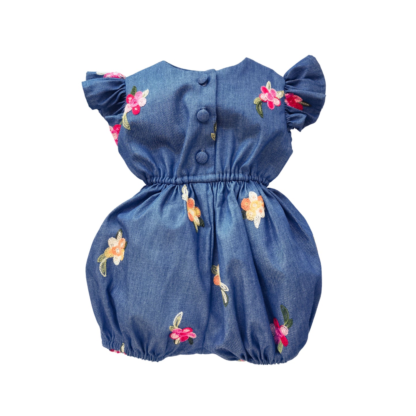 Chambray Little Robin's Romper, blue with embroidered flowers