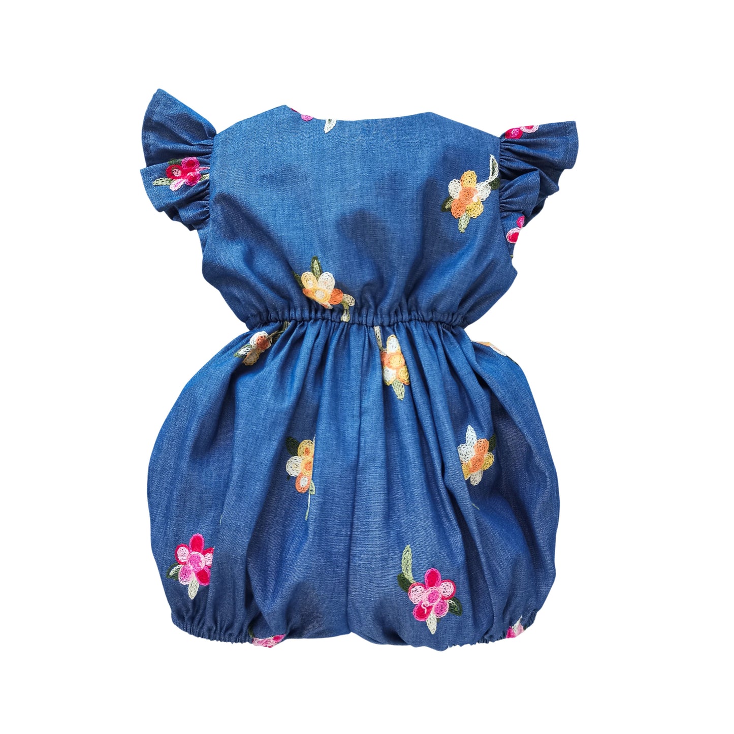 Chambray Little Robin's Romper, blue with embroidered flowers