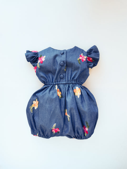 Chambray Little Robin's Romper, blue with embroidered flowers