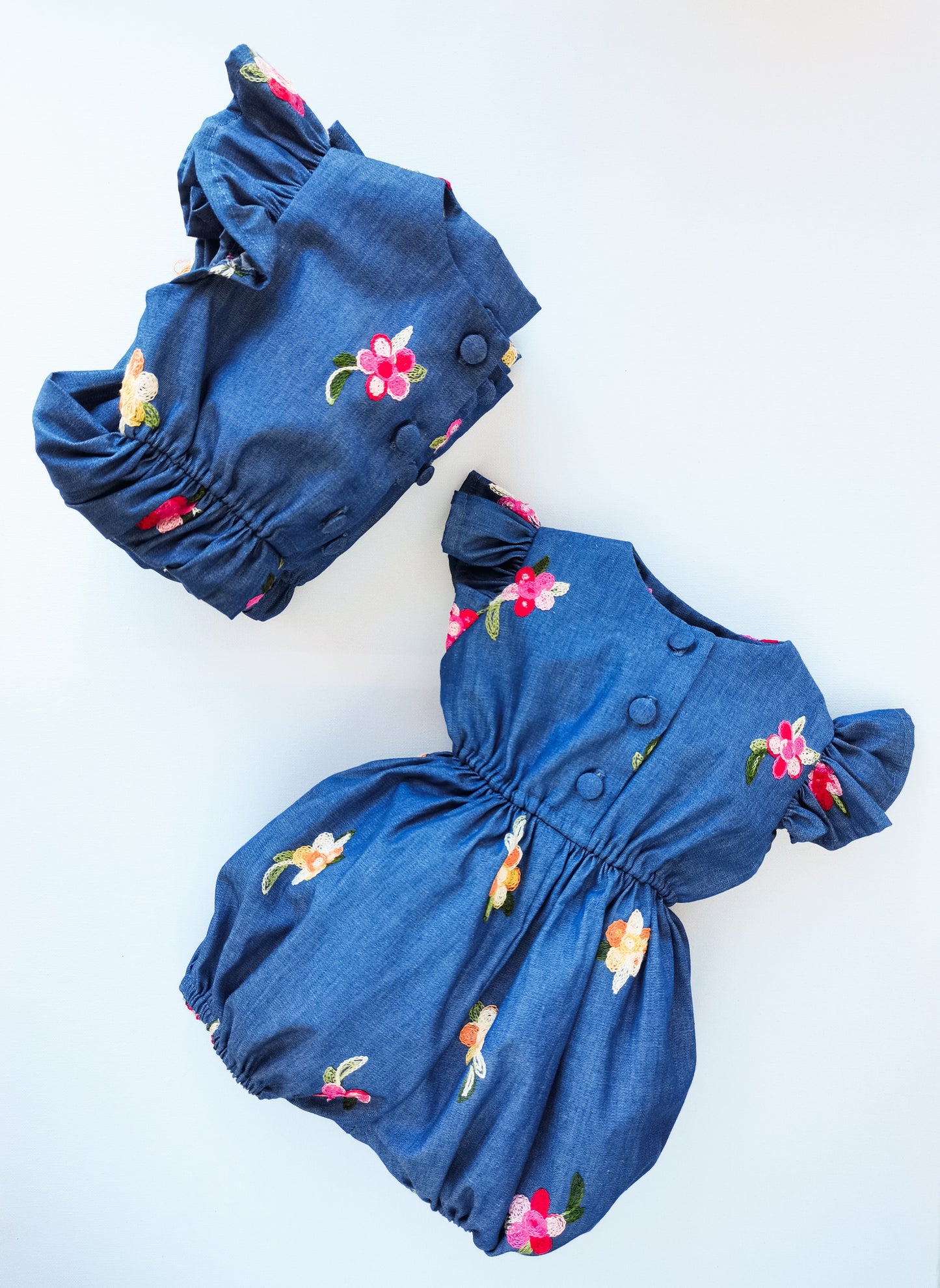 Chambray Little Robin's Romper, blue with embroidered flowers