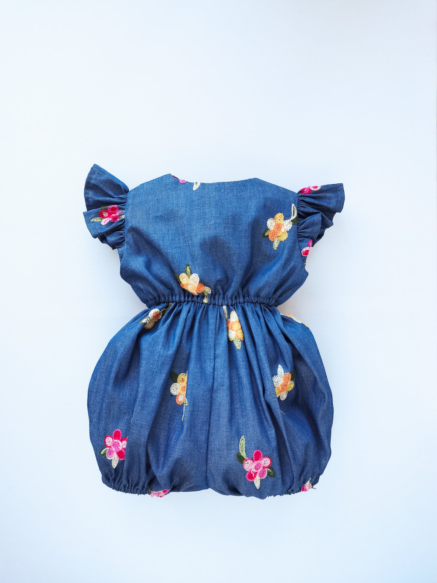 Chambray Little Robin's Romper, blue with embroidered flowers