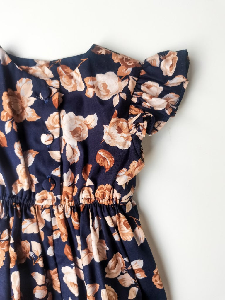 Cotton Little Robin's Romper, Navy with Stone floral print